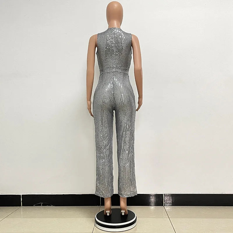 Sleeveless Sequined Jumpsuit Round Neck Slim Fit High Waist Sexy SprinSPECIFICATIONSBrand Name: mandylandyStyle: StreetwearAge: MIDDLE AGEOrigin: Mainland ChinaCN: GuangdongSeason: SummerMaterial: POLYESTERDecoration: SequinedFabric TyDMEwomenstorenull