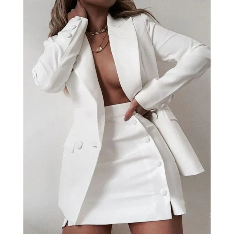 Jacket Sets - Women's 2 Piece Streetwear Blazer & Coat Set, Skirt and Suit