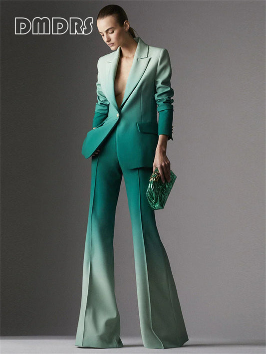 Gradient green slim fitting women's suit set with notched collar blazer and flare pants.