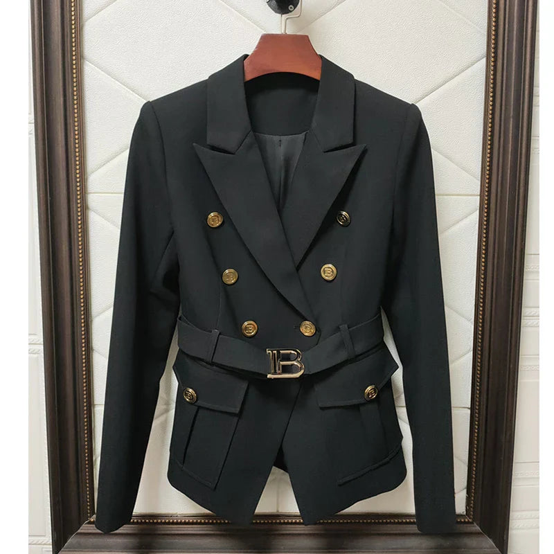 Luxury black double-breasted women's blazer with gold buttons, notched collar, and belted waist