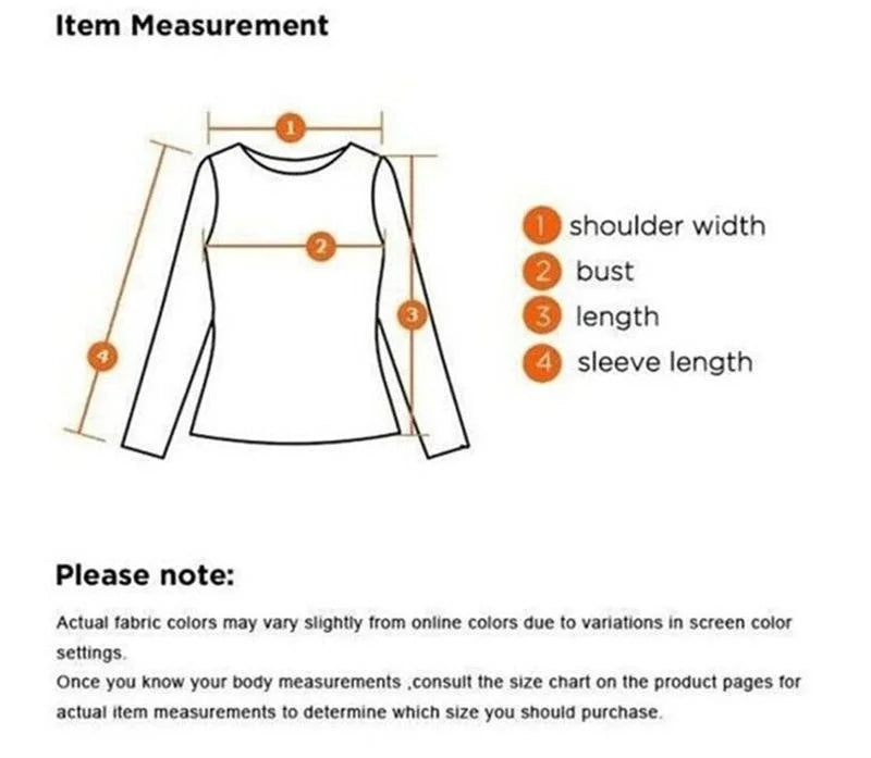 Item measurement guide: shoulder width, bust, length, sleeve length.