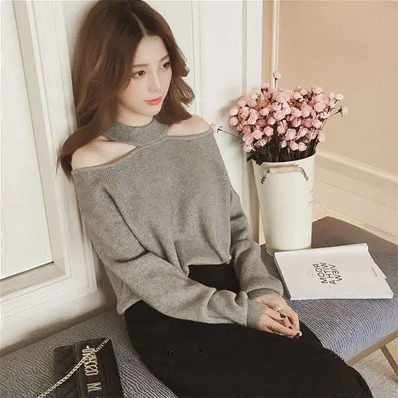 Top- Women's Casual Solid Loose Sweaters Female Sexy Halter Slash