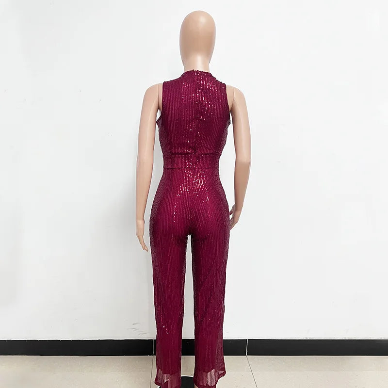 Sleeveless Sequined Jumpsuit Round Neck Slim Fit High Waist Sexy SprinSPECIFICATIONSBrand Name: mandylandyStyle: StreetwearAge: MIDDLE AGEOrigin: Mainland ChinaCN: GuangdongSeason: SummerMaterial: POLYESTERDecoration: SequinedFabric TyDMEwomenstorenull