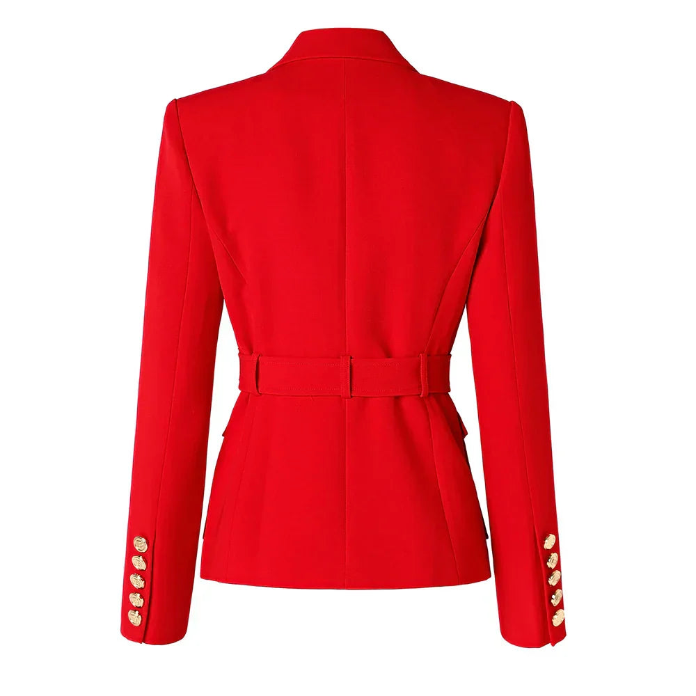 Luxury red office blazer with notched collar and gold buttons.