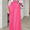 2-Pieces Set Print Blouse Solid High Waist Wide Leg Pants Elegant Lady