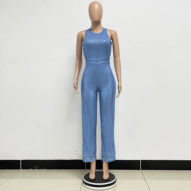 Sleeveless Sequined Jumpsuit Round Neck Slim Fit High Waist Sexy SprinSPECIFICATIONSBrand Name: mandylandyStyle: StreetwearAge: MIDDLE AGEOrigin: Mainland ChinaCN: GuangdongSeason: SummerMaterial: POLYESTERDecoration: SequinedFabric TyDMEwomenstorenull