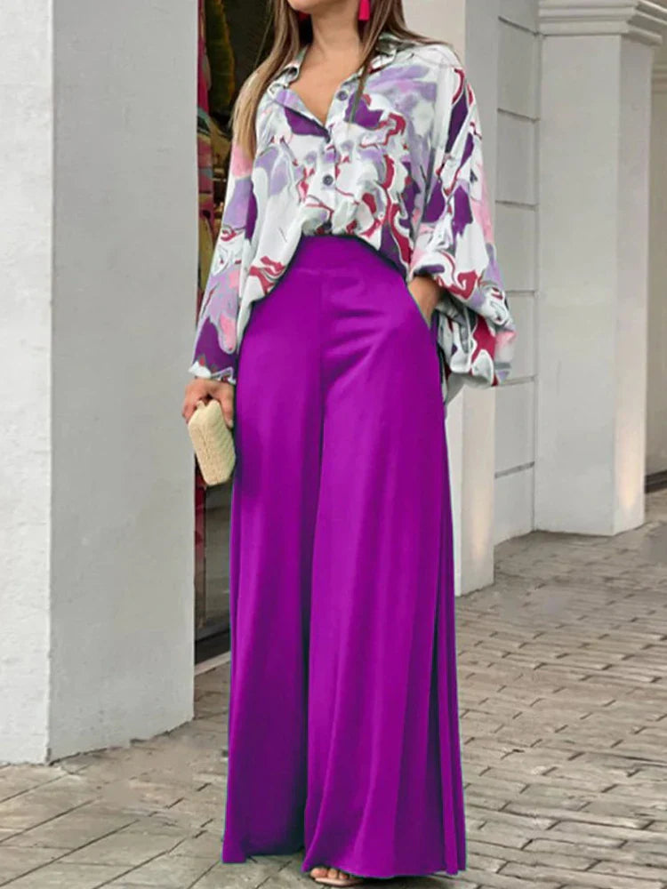 2-Pieces Set Print Blouse Solid High Waist Wide Leg Pants Elegant Lady