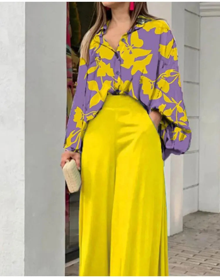 2-Pieces Set Print Blouse Solid High Waist Wide Leg Pants Elegant Lady