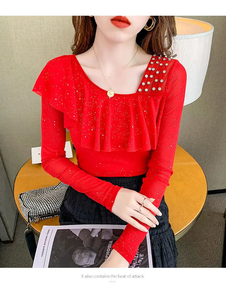 Sweet Skew Collar Spliced Gauze Ruffles Beading Blouse Female ClothingSPECIFICATIONSBrand Name: COZOKStyle: SweetElasticity: Slight StrechOrigin: Mainland ChinaSeason: Spring/SummerFabric Type: blendedMaterial: POLYESTERPattern Type: SDMEwomenstorenull