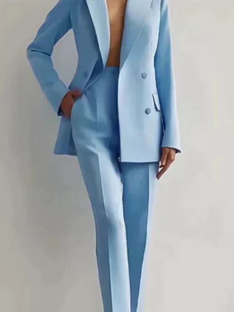 Women's two piece suit, light blue blazer and pencil pants set, office wear.