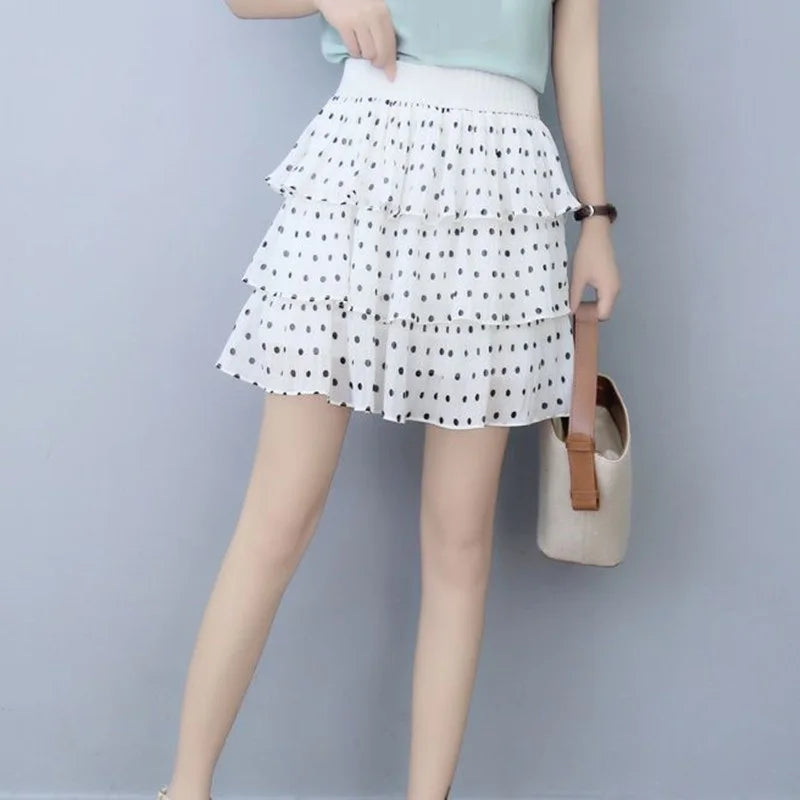 Skirts- Elastic High Waist Sweet Chiffon Ruffled Mini Pleated Skirt