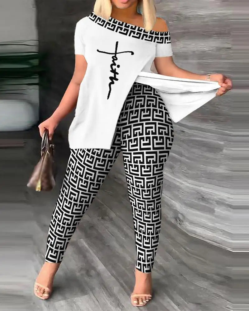 Printed Two-piece Set With Slit  Irregular Sloped Collar Top T-shirt  SPECIFICATIONSAge: JUNIORBrand Name: XXOWENLICN: GuangdongClosure Type: PulloverClothing Length: short（4-16inch）Collar: Skew CollarCraft of Weaving: TATDecoration: NDMEwomenstorenull