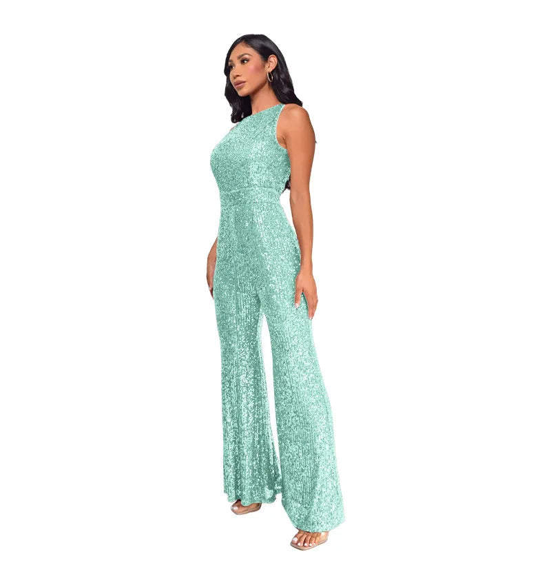 Sleeveless Sequined Jumpsuit Round Neck Slim Fit High Waist Sexy SprinSPECIFICATIONSBrand Name: mandylandyStyle: StreetwearAge: MIDDLE AGEOrigin: Mainland ChinaCN: GuangdongSeason: SummerMaterial: POLYESTERDecoration: SequinedFabric TyDMEwomenstorenull