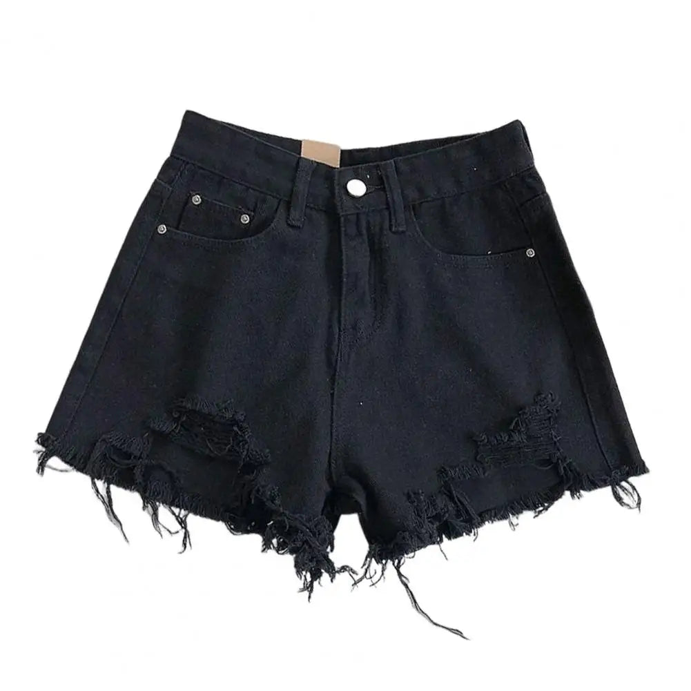 High Waist Denim Shorts for Women A-line Solid Color Ripped Button ZipSPECIFICATIONSBrand Name: SANWOODDecoration: ButtonFabric Type: blendedPant Style: regularPattern Type: SolidFit Type: regularStyle: CasualMaterial: COTTONMaterial: DMEwomenstorenull