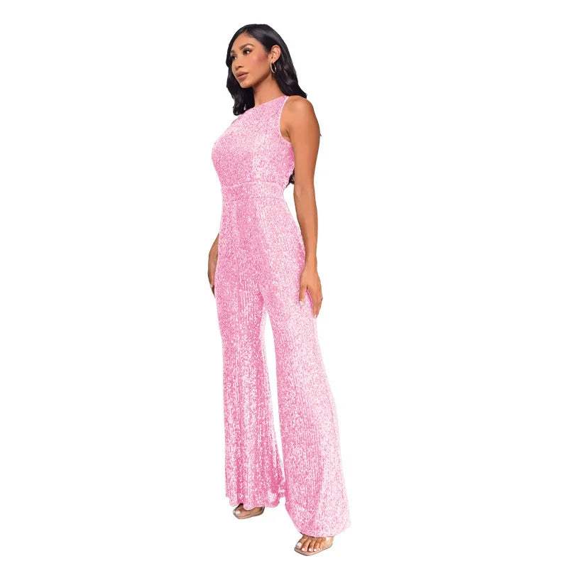 Sleeveless Sequined Jumpsuit Round Neck Slim Fit High Waist Sexy SprinSPECIFICATIONSBrand Name: mandylandyStyle: StreetwearAge: MIDDLE AGEOrigin: Mainland ChinaCN: GuangdongSeason: SummerMaterial: POLYESTERDecoration: SequinedFabric TyDMEwomenstorenull