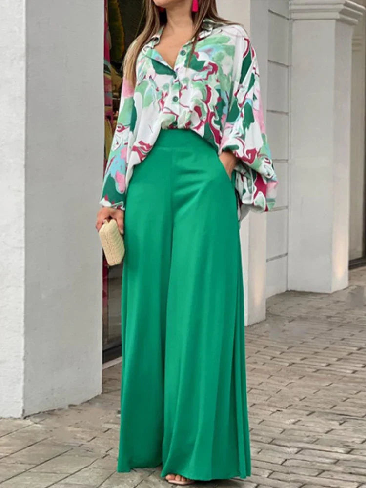 2-Pieces Set Print Blouse Solid High Waist Wide Leg Pants Elegant Lady