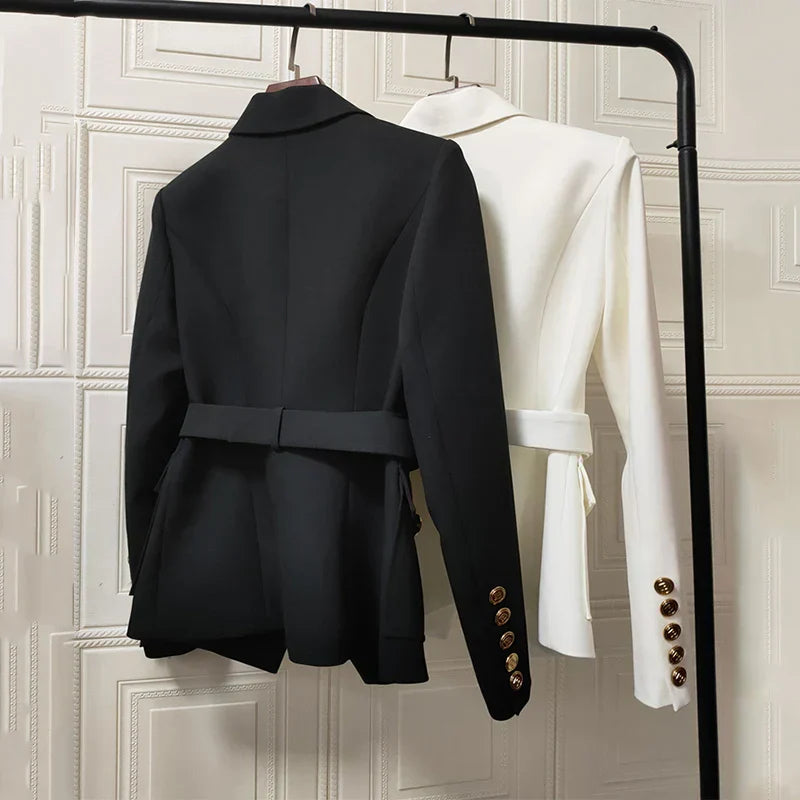 Luxury office blazers for women in classic black and white, double-breasted style with pockets.