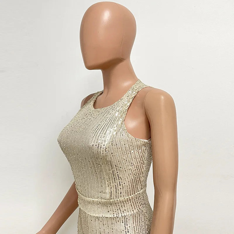 Sleeveless Sequined Jumpsuit Round Neck Slim Fit High Waist Sexy SprinSPECIFICATIONSBrand Name: mandylandyStyle: StreetwearAge: MIDDLE AGEOrigin: Mainland ChinaCN: GuangdongSeason: SummerMaterial: POLYESTERDecoration: SequinedFabric TyDMEwomenstorenull