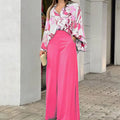 2-Pieces Set Print Blouse Solid High Waist Wide Leg Pants Elegant Lady