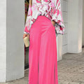 2-Pieces Set Print Blouse Solid High Waist Wide Leg Pants Elegant Lady