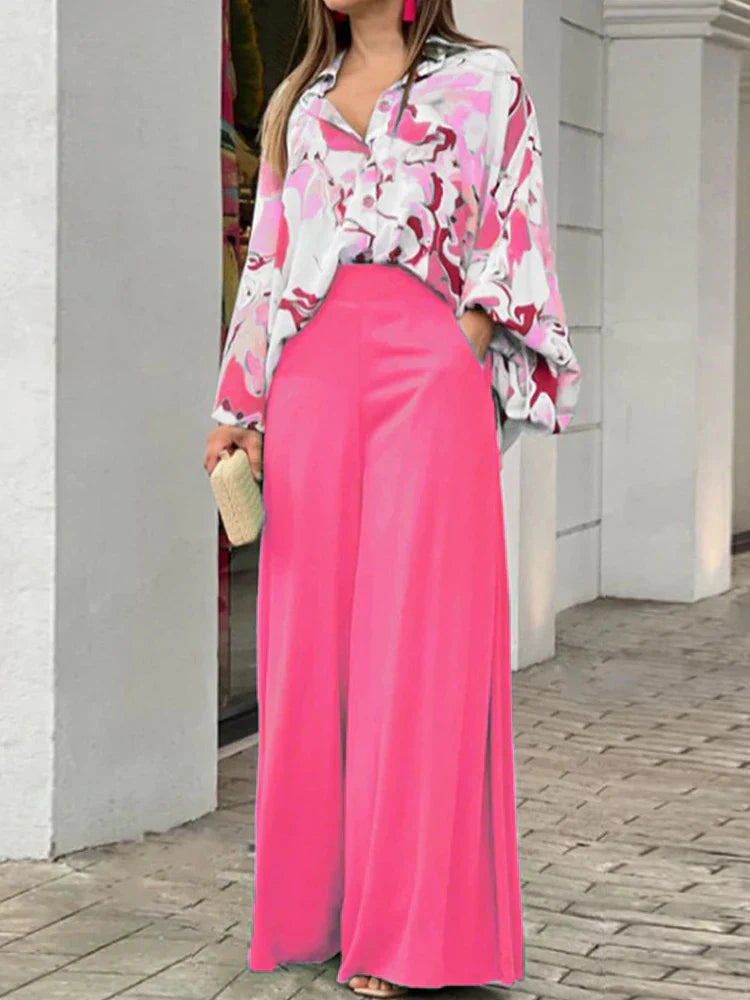 2-Pieces Set Print Blouse Solid High Waist Wide Leg Pants Elegant Lady