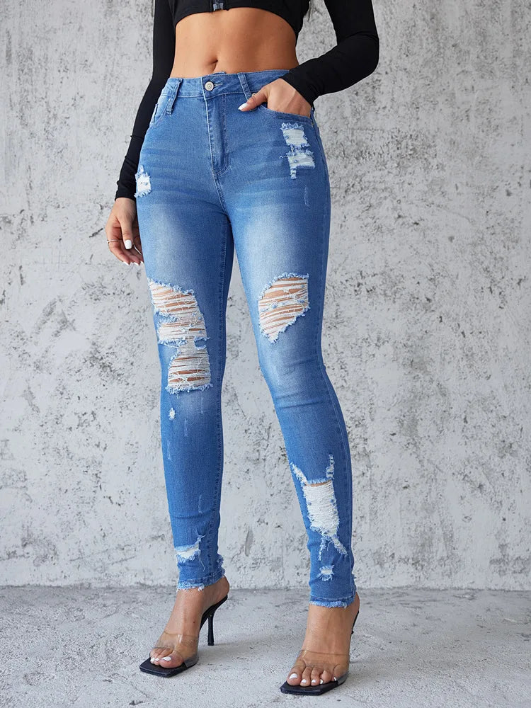 Ankle Length Ripped Hole High Waist Jean Sheath Pencil Denim Pants SkiSPECIFICATIONSBrand Name: kalenmosMaterial: POLYESTERElasticity: Slight StrechFabric Type: CoatedHign-concerned Chemical: NoneLength: Ankle-Length PantsFit Type: SKIDMEwomenstorenull