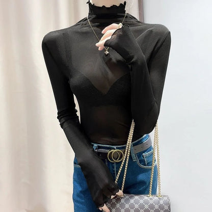 Bottom Blouse for Women in Spring Autumn Fashion Long-sleeved ThinSPECIFICATIONSBrand Name: AOVKOVSAStyle: Office LadyElasticity: High StrecthOrigin: Mainland ChinaCN: ZhejiangSeason: SummerFabric Type: LaceMaterial: POLYESTERPatteDMEwomenstorenull