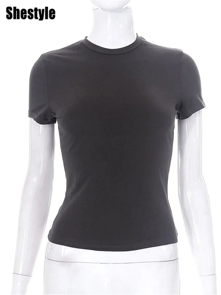 Top- Women Short Sleeve Stretchy O-Neck All-Match New Arrival 