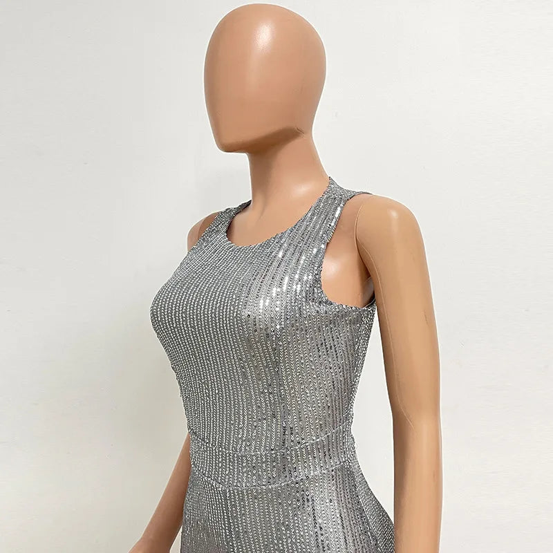 Sleeveless Sequined Jumpsuit Round Neck Slim Fit High Waist Sexy SprinSPECIFICATIONSBrand Name: mandylandyStyle: StreetwearAge: MIDDLE AGEOrigin: Mainland ChinaCN: GuangdongSeason: SummerMaterial: POLYESTERDecoration: SequinedFabric TyDMEwomenstorenull